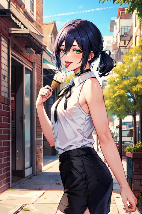 1girl,<lora:rezetest:0.8> reze, black choker, purple hair, choker, eyebrows hidden by hair, (green eyes:1.5), hair between eyes, long bangs, medium hair, smile,, bare shoulders, black ribbon, black shorts, collar, collared shirt, neck ribbon, ribbon, shirt, shorts, sleeveless, sleeveless shirt, (white shirt:1.2),smug,smirk,smiling,(half closed eyes),walking,(from side),(tongue out:1.3),(licking an ice cream),(ice cream),looking at viewer,park,outdoors,(sun light),day,masterpiece,extremely detailed CG unity 8k wallpaper, best quality,32k,focus sharp, <lora:Light and Shadow:0.6>, <lora:Messy:0.5> Messy_art,