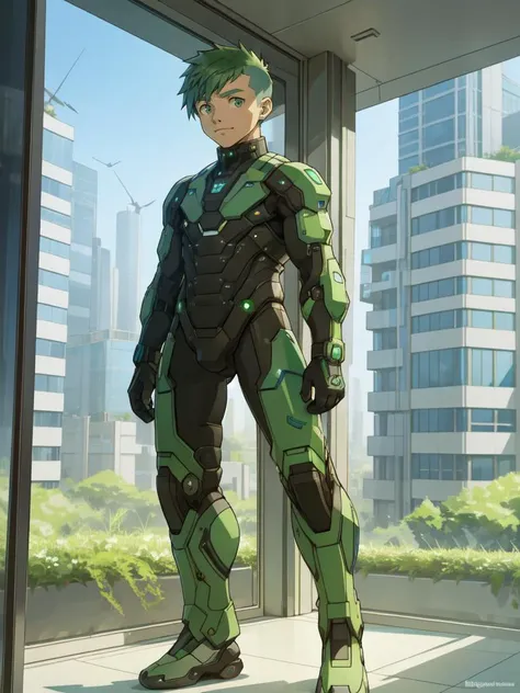 male focus, A young guy with a stylish, asymmetrical haircut, in a futuristic, eco-friendly city. The scene is visionary and sustainable, with green buildings and advanced transportation systems. ((Young guy, asymmetrical haircut)), eco-friendly city, (futuristic, sustainable, visionary).