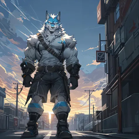 Draw a white mature furry male with his body back to the viewer, against the harsh dusk sky in the background, his body turned slightly backwards, his eyes shining in the intense backlit darkness, looking at the viewer. Behind him is a wide background of sky covered with colored hues under the dusk sunset, with streets and buildings casting black shadows.
High contrast and low brightness throughout the view.
BREAK
wolf boy,big guy, white fur, muscular anthro,