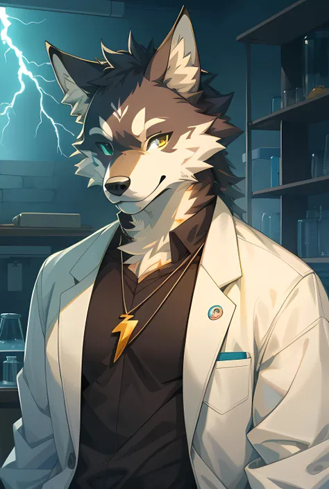 perfect anatomy, furry, male, (wolf), pendant, kemono, 1boy, ((clothed)), lab coat, model, multicolored fur, ((wink)), (detailed eyes), portrait, ((cute)), (shorta),(masterpiece:1.2), best quality, masterpiece, highres, original, extremely detailed wallpaper, perfect lightning, (extremely detailed CG:1.2),