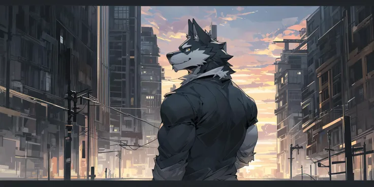 Drawing a white fur mature furry male with his body back to the viewer, against the harsh dusk sky in the background, his body turned slightly backwards, his eyes shining in the intense backlit darkness, looking at the viewer. Behind him is a wide background of sky covered with colored hues under the dusk sunset, with streets and buildings casting black shadows.
Extra high contrast and low brightness throughout the view.
BREAK
upper body,wolf boy,big guy, white fur, muscular anthro,
<lora:LowRA:0.9>,