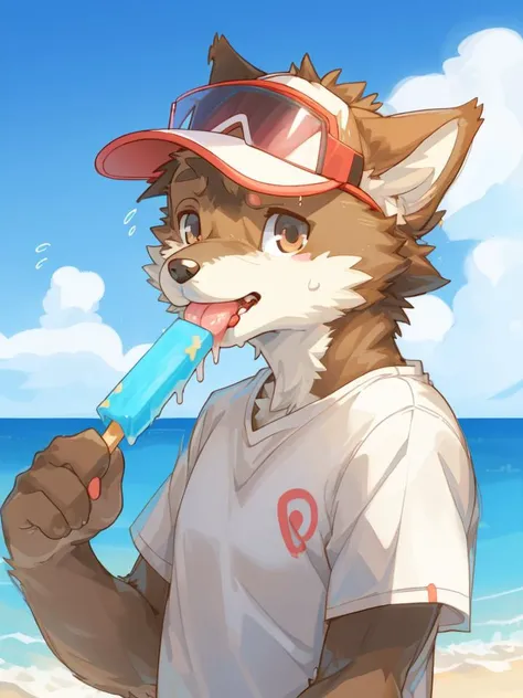 by jrjresq, by kiguri,
domestic dog, (domestic cat:0.6), furry, male, solo, clothed, visor,
licking popsicle, summer, (wave:0.8), wind,
flying sweatdrops, upper body,
