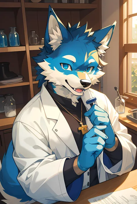 perfect anatomy, furry, male, (wolf), pendant, kemono, 1boy, ((clothed)), lab coat, model, white and blue fur, lab, ((wink)), (detailed eyes), portrait, ((cute)), (masterpiece:1.2), best quality, masterpiece, highres, original, extremely detailed wallpaper, (extremely detailed CG:1.2),
