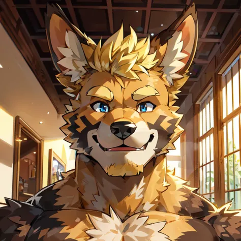 portrait, front view, closeup, anthro, dark dingo, (detailed fur texture:1.3), detailed eyes, dog ears,
muscular, adult, bara, hyper muscles, hairy, short hair, (blonde hair) body hair, detailed face, looking at viewer, smile, (closed mouth:1.3),
indoor background, detailed background, cinematic lighting,
ultradetailed, (masterpierce:1.4),