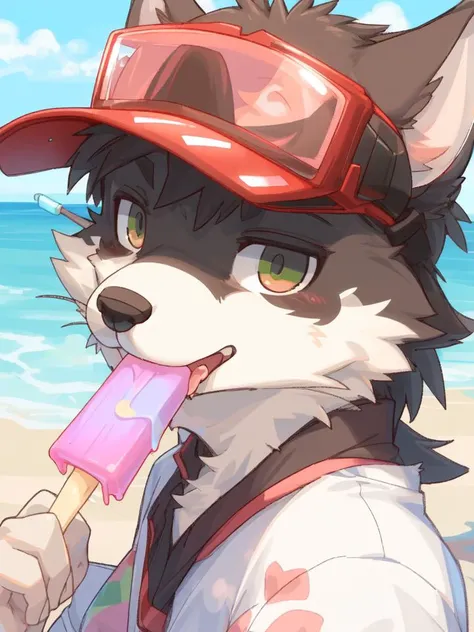 by jrjresq, by kiguri,
mammal, furry, male, solo, clothed, visor,
licking popsicle, summer,