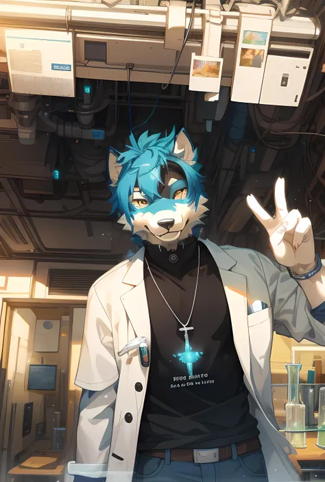 perfect anatomy, furry, male, (wolf), pendant, kemono, 1boy, wolf, dark blue fur, white pattern,((clothed)), lab coat, model, multicolored fur, ((wink)), (detailed eyes), portrait, ((cute)), (shorta),(masterpiece:1.2), best quality, masterpiece, highres, original, extremely detailed wallpaper, (extremely detailed CG:1.2), ((cool, white coat, lab, standing, technical background, )), cyberpunk,