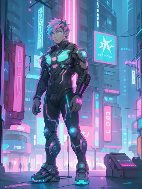 male focus, An artistic portrayal of a young guy with a futuristic, holographic hairstyle, in a cyberpunk cityscape. The scene is rich with neon lights and digital elements, creating a visually striking and futuristic ambiance. ((Young guy, holographic hair)), cyberpunk cityscape, (neon lights, digital elements, futuristic).
