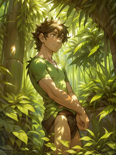 male focus, A charming young man with windswept hair, exploring a (lush rainforest), vibrant (wildlife and exotic plants) around him, light filtering through the canopy. Art Style: Impasto; Composition: natural environment; Artistic Style: Disney ; Art Type: Impasto; Artistic Movement: Romanticism; Perspective: medium view; Fantasy elements: glowing flora; Light: dappled sunlight, ambient jungle light.