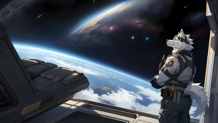 male, anthro, solo, white wolf, white fur, goggles on head, fixing, working, looking to the side, space base, on roof, cargo trunks, fingerless gloves, (wolf tail), from side,