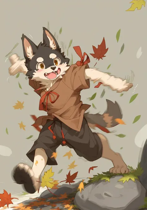 by jrjresq, by yupa, by dagasi,
domestic dog, (domestic cat:0.3), furry, male, solo,
baggy clothing, strong wind, leaf, stone, simple background, ribbons,
motion trail, motion lines, motion outline, happy