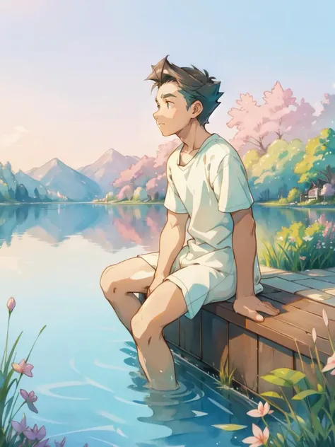 male focus, (A young man with a stylish quiff), sitting pensively on the edge of a (tranquil dock at dawn), the (serene lake) reflecting the pastel sky. Art Style: watercolor; Composition: Photographic; Artistic Style: Studio Ghibli; Art Type: Watercolor; Artistic Movement: Impressionism; Perspective: medium long shot; Fantasy elements: crystalline water; Light: soft dawn light, gentle reflections.