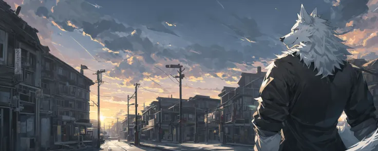 <lora:LowRA:0.8>,dark theme,
Drawing a white fur mature furry male with his body back to the viewer, against the harsh dusk sky in the background, his body turned slightly backwards, his eyes shining in the intense backlit darkness, looking at the viewer. Behind him is a wide background of sky covered with colored hues under the dusk sunset, with streets and buildings casting black shadows.
Extra high contrast and low brightness throughout the view.
BREAK
upper body,wolf boy, (white fur:1.5), white skin,big guy,muscular anthro,in the middle,
BREAK