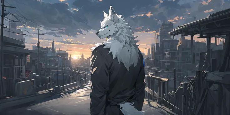 <lora:LowRA:0.8>,dark theme,
Drawing a white fur mature furry male with his body back to the viewer, against the harsh dusk sky in the background, his body turned slightly backwards, his eyes shining in the intense backlit darkness, looking at the viewer. Behind him is a wide background of sky covered with colored hues under the dusk sunset, with streets and buildings casting black shadows.
Extra high contrast and low brightness throughout the view.
BREAK
solo focus,upper body,wolf boy, (white fur:1.5),muscular anthro,in the middle,
<lora:kaji:0.8>,