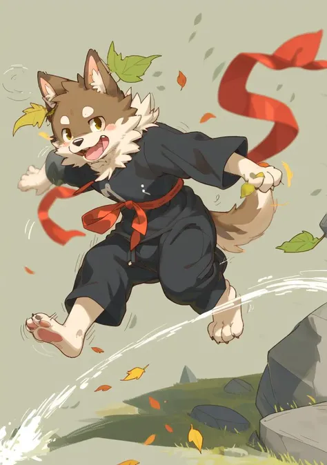 by jrjresq, by yupa, by dagasi,
domestic dog, (domestic cat:0.3), furry, male, solo,
baggy clothing, strong wind, leaf, stone, simple background, ribbons,
motion trail, motion lines, motion outline, happy