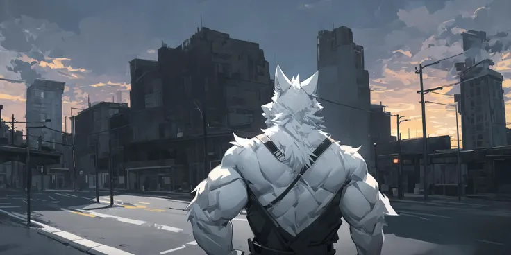<lora:LowRA:0.8>,dark theme,
Drawing a white fur mature furry male with his body back to the viewer, against the harsh dusk sky in the background, his body turned slightly backwards, his eyes shining in the intense backlit darkness, looking at the viewer. Behind him is a wide background of sky covered with colored hues under the dusk sunset, with streets and buildings casting black shadows.
Extra high contrast and low brightness throughout the view.
BREAK
upper body,wolf boy, (white fur:1.5), white skin,big guy,muscular anthro,in the middle,
BREAK