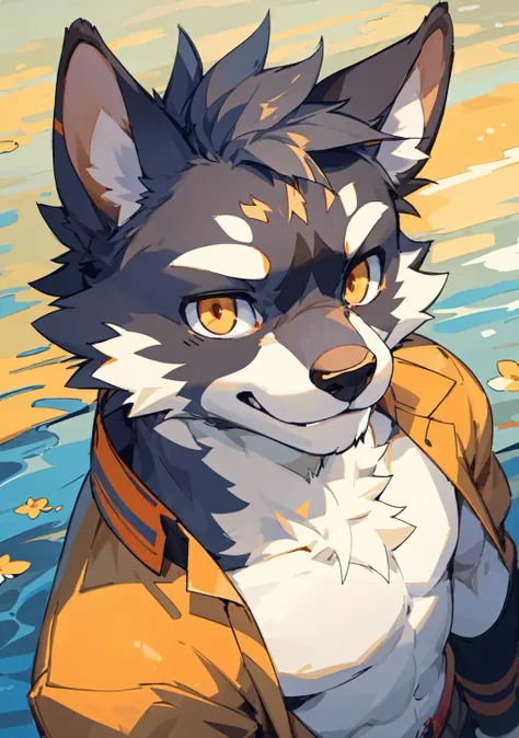 EasyMasterpiece,(by kenket)(by Pino Daeni),1boy,male,furry,teenager,anthro,white fur,smile,upper_body,face_focus,front view,from_above,looking_at_viewer,looking_up,dutch angle,orange eyes,grey fur,