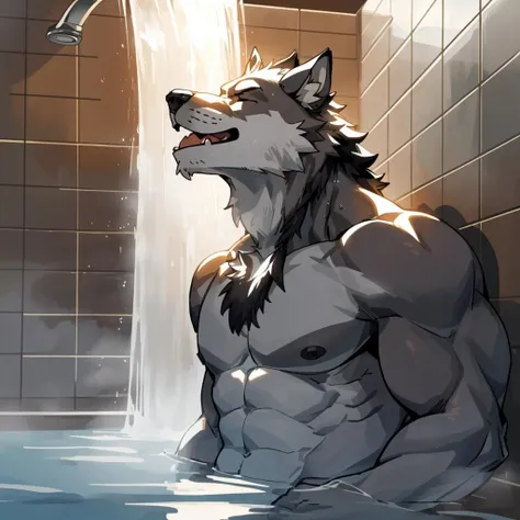 Steam curls around powerfully built limbs as hot water cascades over silver fur, a lone wolf braced against the tiles of a spacious shower. Eyes closed, head tipped back into the spray as water streams down the curve of a muscular throat, beading on a heaving chest and sluicing lower yet. His body is arched in abandon, faint growl caught behind bared fangs at the shuddering slide of water over sensitive flesh. EasyMasterpiece, dramatic lighting, soft lighting, day, highly detailed