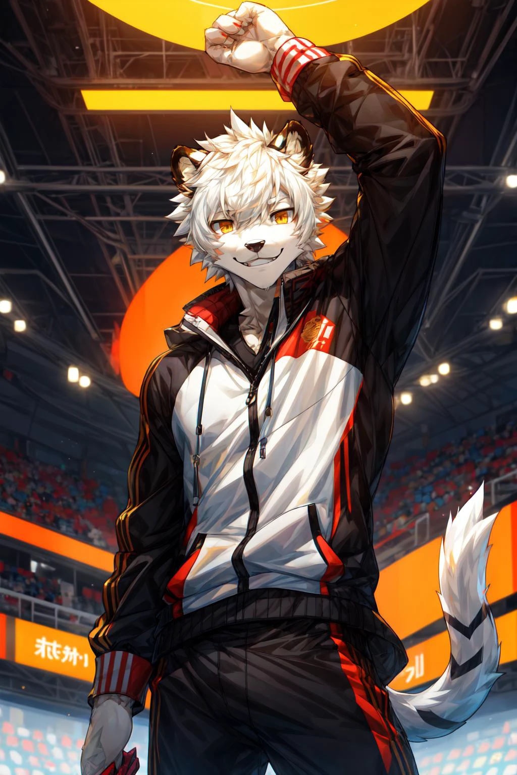8k,(very detailed),anthro,high quality,furry,,1boy,white hair,looking_at_viewer,score_7_up,score_8_up,score_9,(by zephyxus, by Snowskau,),(white_tiger:1.1),student,thin,<lora:more_details:0.7>,EasyMasterpiece,<lora:Mild detail adjusterV10:0.5>,golden_eyes,handsome,by zixiong,evil smile,(sportswear:1.1),