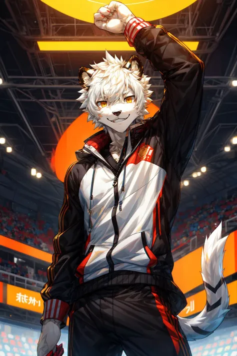 8k,(very detailed),anthro,high quality,furry,teen,1boy,white hair,looking_at_viewer,score_7_up,score_8_up,score_9,(by zephyxus, by Snowskau,),(white_tiger:1.1),student,thin,<lora:more_details:0.7>,EasyMasterpiece,<lora:Mild detail adjusterV10:0.5>,golden_eyes,handsome,by zixiong,evil smile,(sportswear:1.1),