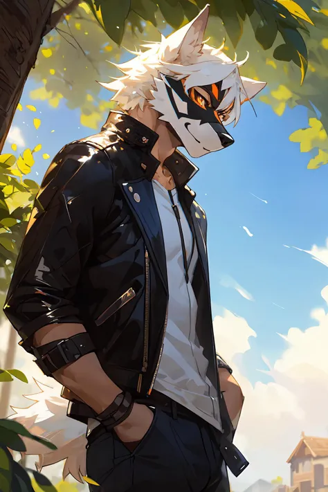 male,anthro,furry,wolf,(white fur:1.1),EasyMasterpiece,(by kenket)(by Pino Daeni),in summer,day,1boy,orange eyes,from_side,dutch angle,white hair,leather_jacket,medium_shot,masked,