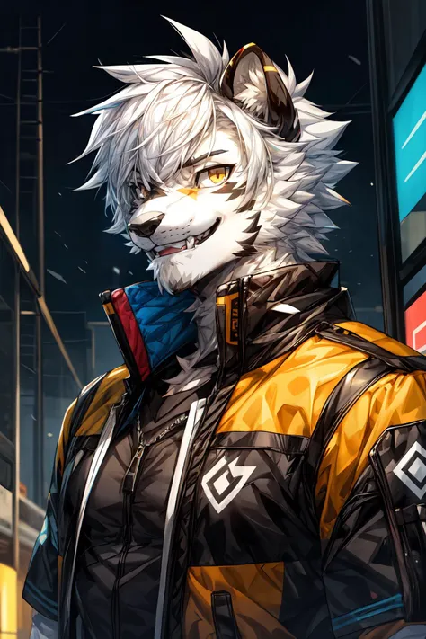 8k,(very detailed),anthro,high quality,furry,teen,1boy,white eyes,white hair,looking_at_viewer,white socks,sneakers,score_7_up,score_8_up,score_9,(by zephyxus, by Snowskau,),(white_tiger:1.1),(student:1.1),thin,slender,<lora:more_details:1>,black gloves,upper_body,bust,portrait,handsome,evil smile,