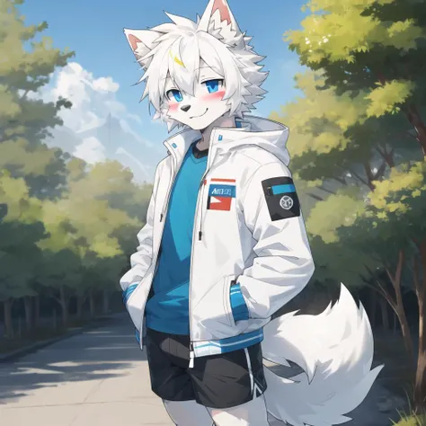 1boy,animal ears,blue eyes,blush,body fur,dog boy,furry,furry female,furry male,hands in pockets,jacket,looking at viewer,male focus,outdoors,short hair,shorts,smile,solo,standing,tail,two-tone fur,white fur,white hair,white jacket,wolf boy,