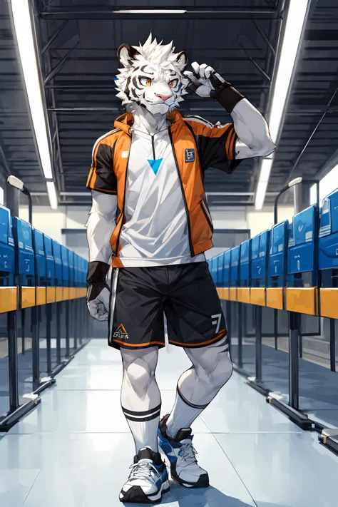 8k,(very detailed),anthro,high quality,furry,teen,1boy,white eyes,white hair,looking_at_viewer,orange_face,shorts,white socks,sneakers,<lora:add_detail:0.9>,panorama,((by zephyxus, by Snowskau,)),sportswear,score_7_up,score_8_up,score_9,(white_tiger:1.1),
