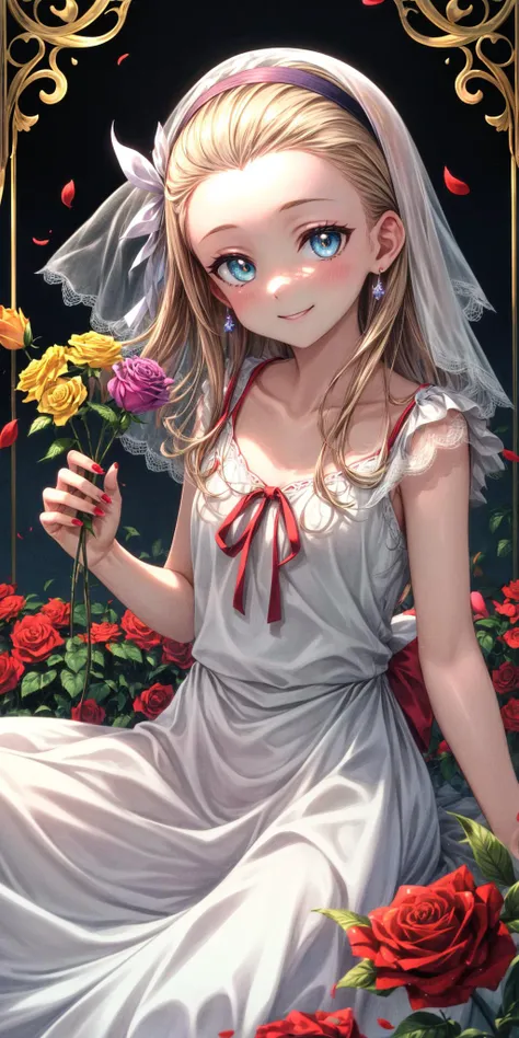 (masterpiece), best quality, (((ultra detailed, 8k quality))), expressive eyes, perfect face, perfect anatomy, perfect body, scene, <lora:scene_:0.7>, <lora:more_details:0.7>, <lora:beautiful_detailed_eyes:0.5>, <lora:give_it_a_name:0.7>,
kurumi \(lycoris recoil\),long hair,black hairband,hair ribbon,forehead, small breasts,<lora:kurumi_(lycoris_recoil):0.8>,
defloration, dress, dress flower, flower, flower ornament, garden, garry \(ib\), green flower, hat flower, holding bouquet, holding flower, ib \(ib\), ibaraki kasen, jewelry, leaf, orange flower, petals, pink flower, pink rose, plant, plum blossoms, purple flower, purple rose, red flower, red nails, red rose, rose, rose petals, rose print, sitting, smile, solo, spider lily, spoken squiggle, spot color, squiggle, strawberry, thorns, tombstone, tulip, vase, veil, vines, watering can, white dress, white flower, white rose, yellow flower, yellow rose,