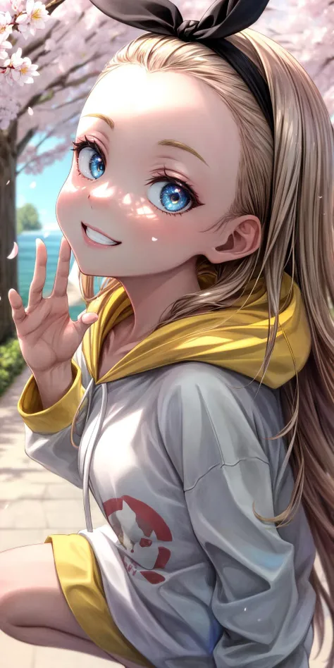 (masterpiece), best quality, (((ultra detailed, 8k quality))), expressive eyes, perfect face, perfect anatomy, perfect body, scene, <lora:scene_:0.7>,  <lora:more_details:0.7>, <lora:beautiful_detailed_eyes:0.5>, <lora:give_it_a_name:0.7>,
kurumi \(lycoris recoil\),long hair,black hairband,hair ribbon,forehead,collarbone,hoodie,white hoodie,drawstring,long sleeves,sleeves past fingers,barefoot,<lora:kurumi_(lycoris_recoil):0.8>,
outdoors,cherry blossoms,cowboy shot,smile,waving, squat, from side,