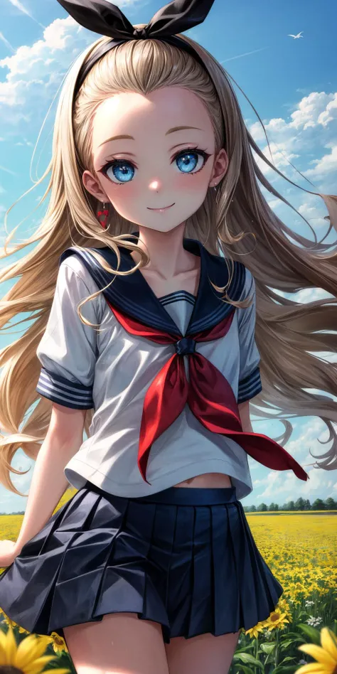 (masterpiece), best quality, (((ultra detailed, 8k quality))), expressive eyes, perfect face, perfect anatomy, perfect body, scene, <lora:scene_:0.7>, <lora:more_details:0.7>, <lora:beautiful_detailed_eyes:0.5>, <lora:give_it_a_name:0.7>,
kurumi \(lycoris recoil\),long hair,black hairband,hair ribbon,forehead,collarbone,serafuku, sailor collar, blue skirt, red neckerchief, short sleeves, standing, looking at viewer, field, flower field, smile,,<lora:kurumi_(lycoris_recoil):0.8>,