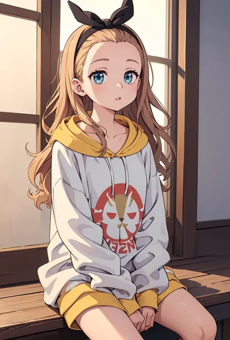 (masterpiece, best quality), 1girl, <lora:kurumi_(lycoris_recoil):0.8> kurumi \(lycoris recoil\),long hair,black hairband,hair ribbon,forehead,collarbone,hoodie,white hoodie,drawstring,long sleeves,sleeves past fingers,barefoot