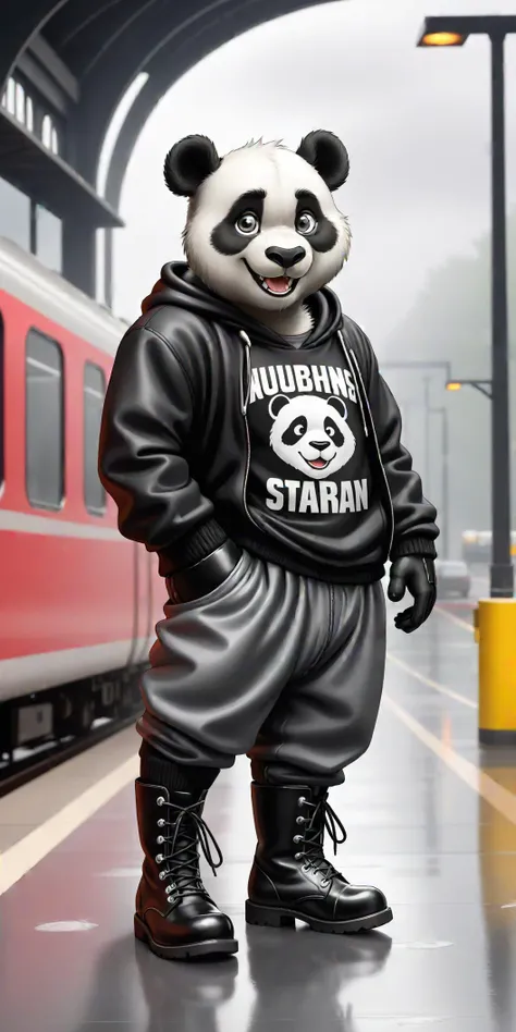 male panda furry with bright and watery eyes, wearing baggy clothing and rubber boots, open smile, gentle, looking at viewer, by t.y.stars, by null-ghost, by k0bit0wani, (felis:0.3), train station, (rain:0.5), (waterdrop:0.9), grey sky, (fog:0.4), wet floor, outdoors, detailed background, close-up