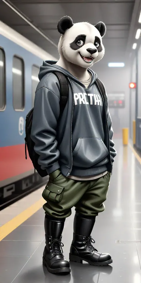 male panda furry with bright and watery eyes, wearing baggy clothing and rubber boots, open smile, gentle, looking at viewer, by t.y.stars, by null-ghost, by k0bit0wani, (felis:0.3), train station, (rain:0.5), (waterdrop:0.9), grey sky, (fog:0.4), wet floor, outdoors, detailed background, close-up