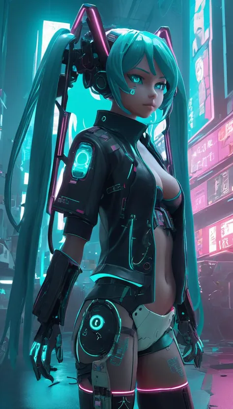 Hatsune Miku, (reimagined in a cyberpunk universe), (cyberpunk style), (cyberpunk), (cyberpunk outfit), augmentation, cybernetics, (cyberpunk outfit), (punk hair), glowing neon lights, cinematic scene, hero view, action pose, masterpiece, best quality, high quality, absurdres, vivid <lora:hatsune_miku:1>, detailed skin texture, (blush:0.5), (goosebumps:0.5), subsurface scattering