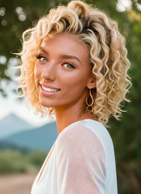 portrait of (jnfrum:1.1), happy , wearing jumpsuit , with ash blonde Lob (long bob) , background mountain epic (photo, studio lighting, hard light, sony a7, 50 mm, matte skin, pores, colors, hyperdetailed, hyperrealistic)
