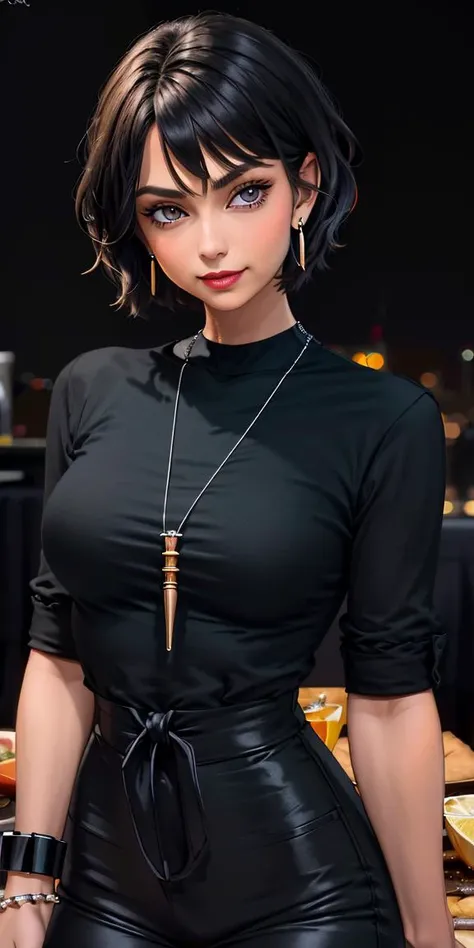 "Boldly redefine allure with an alluring, wide-neck, shimmering black dress draped on a seductive woman."