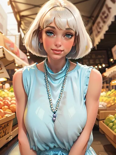 half length, medium wide shot <lora:Necklace SD15_epoch_10:1> (n3ckl4c3:1.3), an innocent attractive young blonde woman at a famer's market closely examining a melon, wearing a long glass bead necklace with teardrop glass pendant dangling between covered breasts and a smooth silk vest, slim waist, white bob cut wig, (smile:0.6), sfw, (big breasts:1.3) <lora:breastSqueezeElbow_v20:0.8>  arms down, elbow squeeze, breasts squeezed together