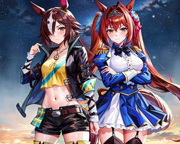 masterpiece, best quality, starry sky, dawn, cloud
 AND <lora:vodka_lora:0.7>, vodka \(umamusume\), (expressionless:1.5) , crop top, yellow shirt, necklace, long sleeves, black jacket, open clothes, open jacket, navel, black shorts, belt, short shorts, jewelry, groin, thighhighs, thigh boots, black footwear, starry sky, dawn, cloud, nice hands, outdoors,  <lora:nice_hands:1>, cowboy shot
AND <lora:daiwa_scarlet_loha:0.7>, daiwa scarlet \(umamusume\),  cowboy shot, crossed arms, crying, turning to left, tears, blush, (frown:1.5), streaming tears,  hair bow, red bow, tiara, epaulettes, puffy long sleeves, juliet sleeves, black bowtie, white shirt, framed breasts, blue jacket, blue dress, center frills, underbust, layered skirt, garter straps, white thighhighs, white footwear starry sky, dawn, cloud, nice hands, outdoors,  <lora:nice_hands:1>