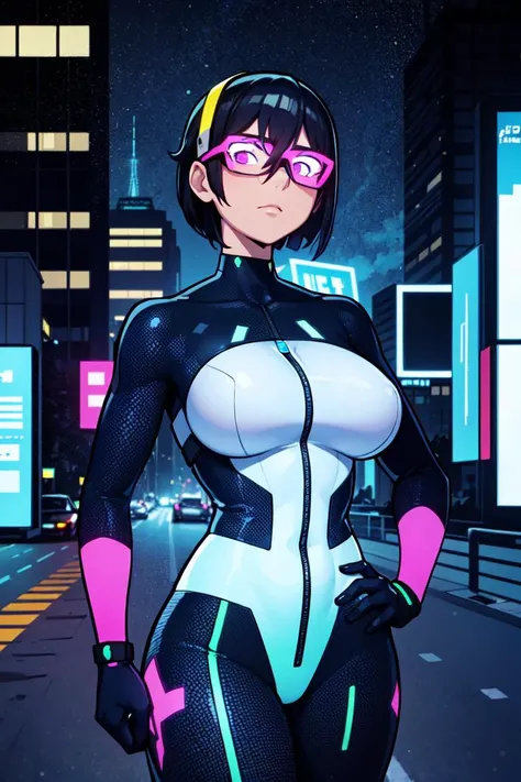 very detailed, high quality,
portrait, woman in her 30s, huge breasts, sharp eyes, hair between eyes, a line haircut,
flat colors,
Futuristic cityscape, neon lights, glass skyscrapers, hovering vehicles, advanced monorail system, digital billboards, drone traffic, holographic displays, energy shields, reflective surfaces, metallic jumpsuit, visor eyewear, tech accessories, hand-held gadget, LED-lit backdrop, artificial intelligence interface, dynamic, cutting-edge, technological, vibrant, futuristic