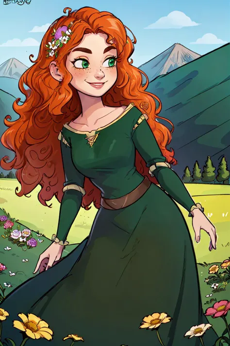 (MeridaWaifu), (green dress), 1girl, solo, smile, dynamic angle, masterpiece, best quality, <lora:MeridaBrave_character:0.7> (detailed ladscape, castle, field, grass, mountains, flowers:1.2), colorful,