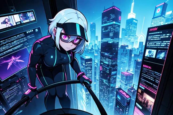 very detailed, high quality,
portrait, woman in her 30s, huge breasts, sharp eyes, hair between eyes, pixie haircut, from above,
flat colors,
Futuristic cityscape, neon lights, glass skyscrapers, hovering vehicles, advanced monorail system, digital billboards, drone traffic, holographic displays, energy shields, reflective surfaces, metallic jumpsuit, visor eyewear, tech accessories, hand-held gadget, LED-lit backdrop, artificial intelligence interface, dynamic, cutting-edge, technological, vibrant, futuristic