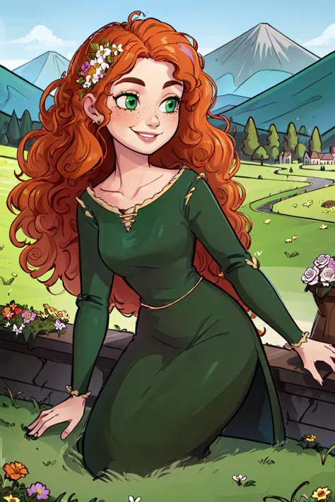 (MeridaWaifu), (green dress), 1girl, solo, smile, dynamic angle, masterpiece, best quality, <lora:MeridaBrave_character:0.7> (detailed ladscape, castle, field, grass, mountains, flowers:1.2), colorful,