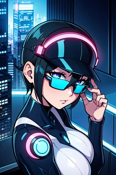 very detailed, high quality,
portrait, woman in her 30s, huge breasts, sharp eyes, hair between eyes, pixie haircut, from above,
flat colors,
Futuristic cityscape, neon lights, glass skyscrapers, hovering vehicles, advanced monorail system, digital billboards, drone traffic, holographic displays, energy shields, reflective surfaces, metallic jumpsuit, visor eyewear, tech accessories, hand-held gadget, LED-lit backdrop, artificial intelligence interface, dynamic, cutting-edge, technological, vibrant, futuristic
