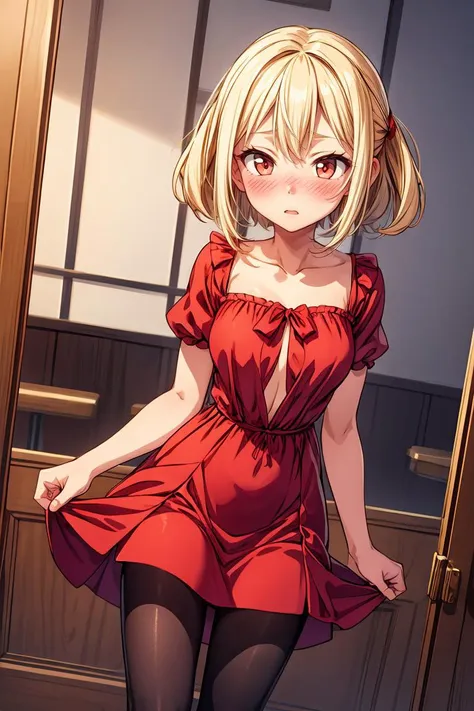 (masterpiece, best quality), 1girl, blonde hair, red dress, pantyhose, cute face, blush, <lora:add_detail:1>