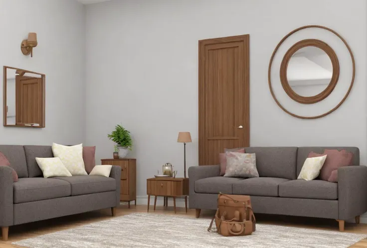Illustration, SD, (normal quality: 1.9), (color), living room, sofa, television, design objects, wooden door, rosette-mounted doorknob, doorknob not prominently in the foreground