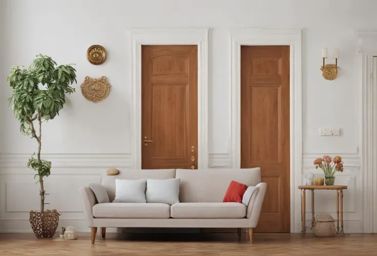 Illustration, SD, (normal quality: 1.9), (color), living room, sofa, television, design objects, wooden door, rosette-mounted doorknob, (doorknob not prominently in the foreground)