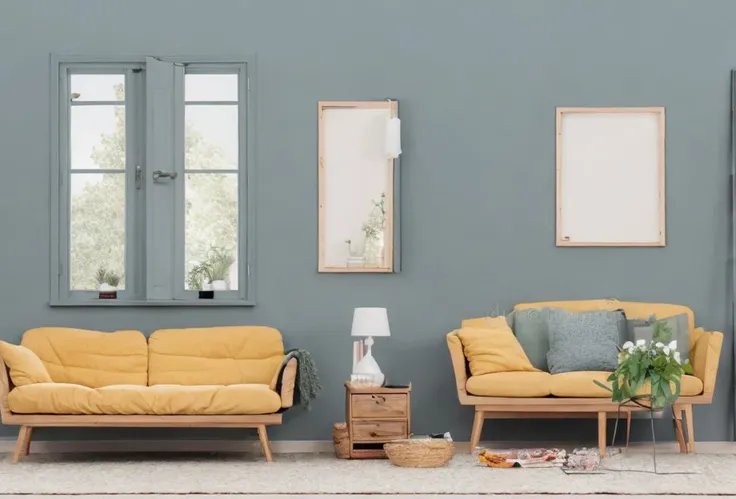 Illustration, SD, (normal quality: 1.9), (color), living room, sofa, television, design objects, wooden door, rosette-mounted doorknob, doorknob not prominently in the foreground