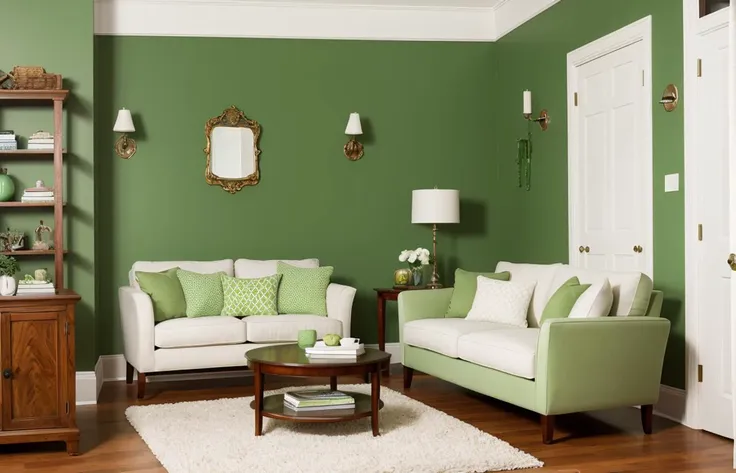 Design a living room with a green color scheme, featuring a sofa, television, and an assortment of stylish design objects. Incorporate a wooden door with an ornate rosette-mounted doorknob, ensuring that the doorknob is not prominently in the foreground.