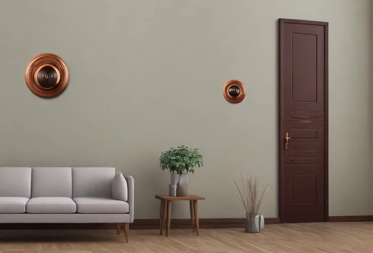 Illustration, SD, (normal quality: 1.9), (color), living room, sofa, television, design objects, wooden door, rosette-mounted doorknob, doorknob not prominently in the foreground
