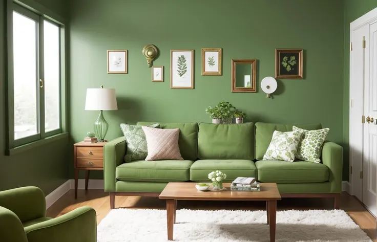 Design a living room with a green color scheme, featuring a sofa, television, and an assortment of stylish design objects. Incorporate a wooden door with an ornate rosette-mounted doorknob, ensuring that the doorknob is not prominently in the foreground.